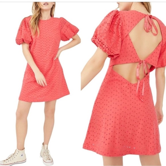 FREE PEOPLE Apricot Rose Puff Sleeve Dress Strawberry Spritz Eyelet SZ XS - Picture 1 of 16